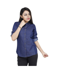 Womens Denim Solid Casual Mandarin Neck Shirt Fabric Navy Blue